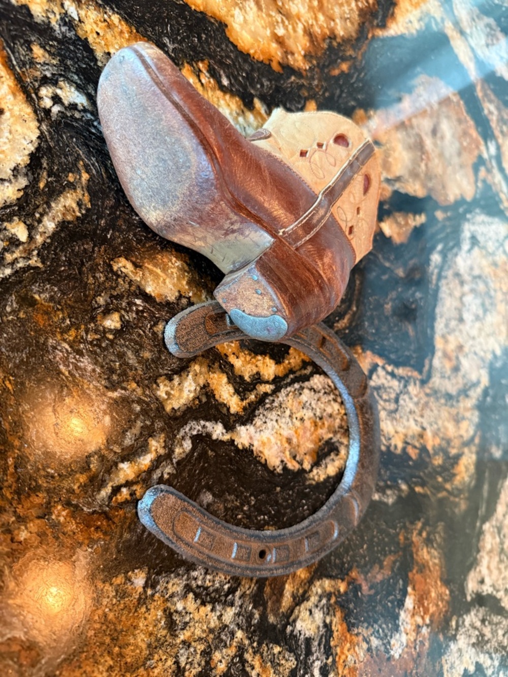 Vintage Real Mini Cowboy Boot/Brown & Cream w/Vtg Horse Shoe Western Texas - Picture 2 of 6